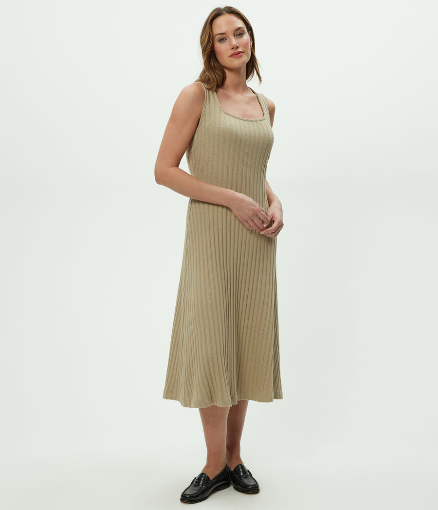 Sofia Midi Dress in  MACADAMIA Beige Side View #MACADAMIA