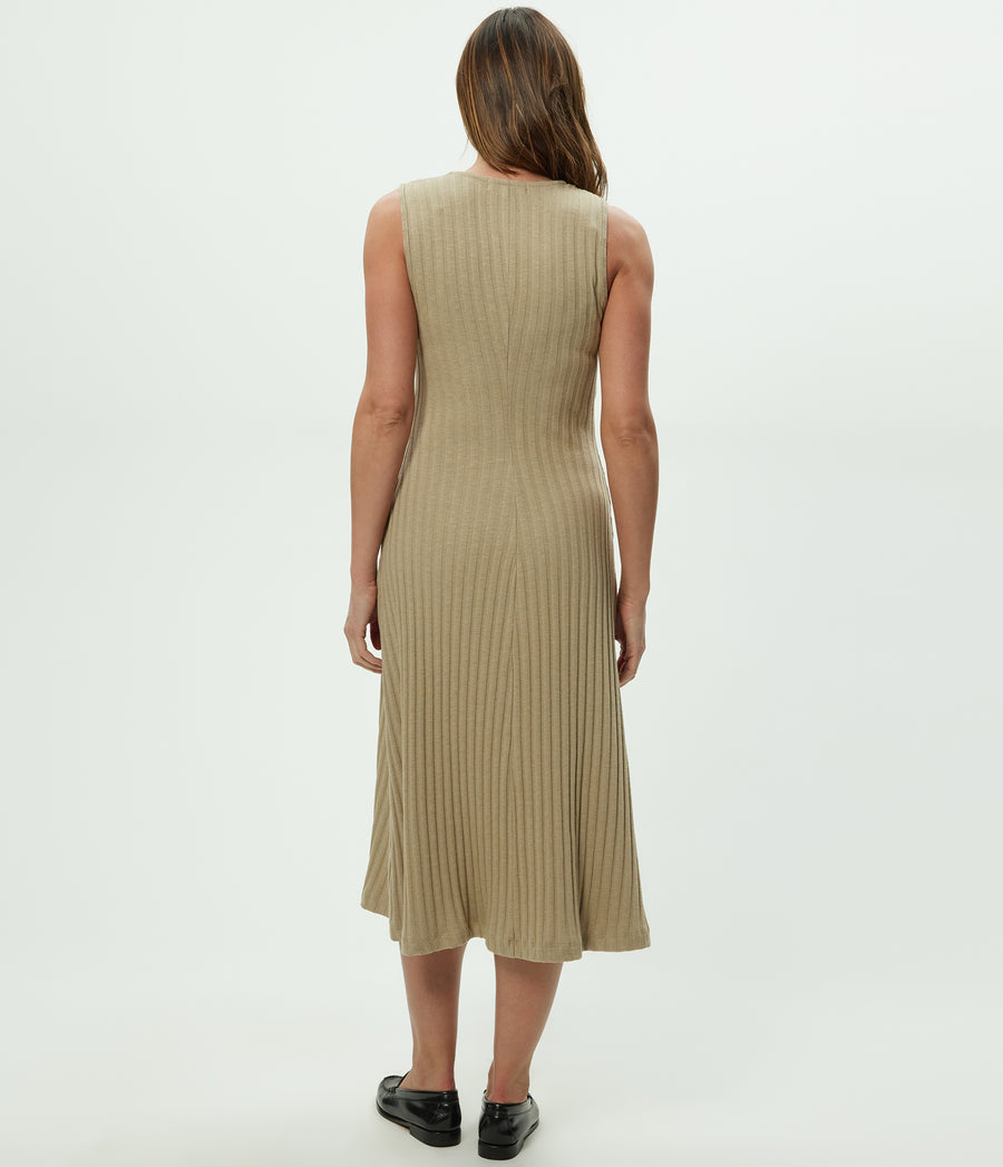 Sofia Midi Dress in  MACADAMIA Beige Back View #MACADAMIA
