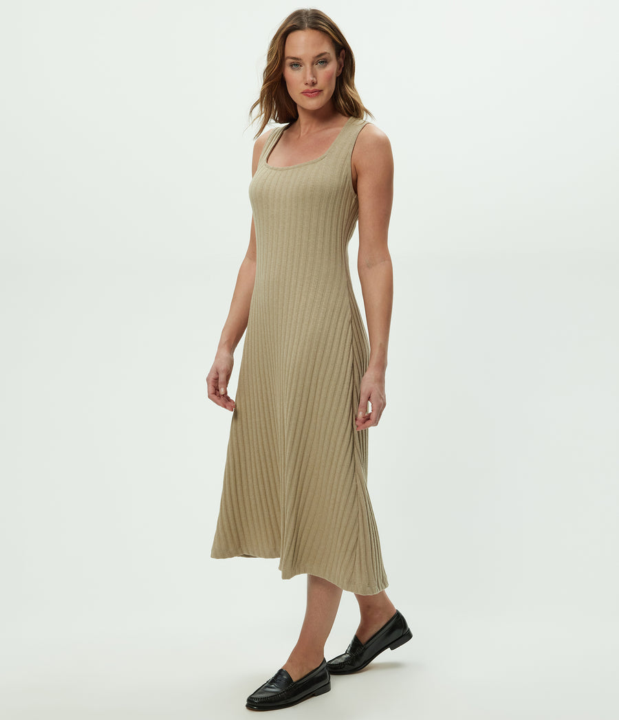 Sofia Midi Dress in  MACADAMIA Beige Full Body View #MACADAMIA