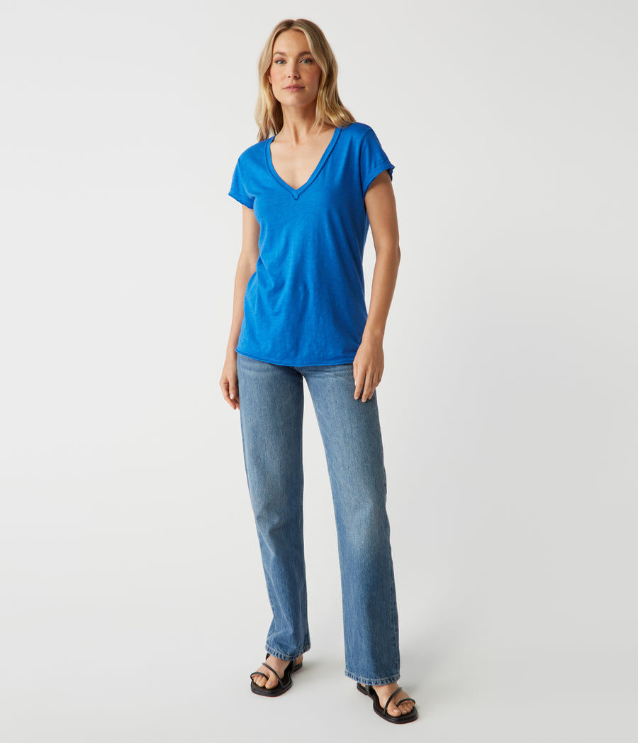 Baxter V-Neck Tee in Bahama Blue Full Body View #BAHAMA