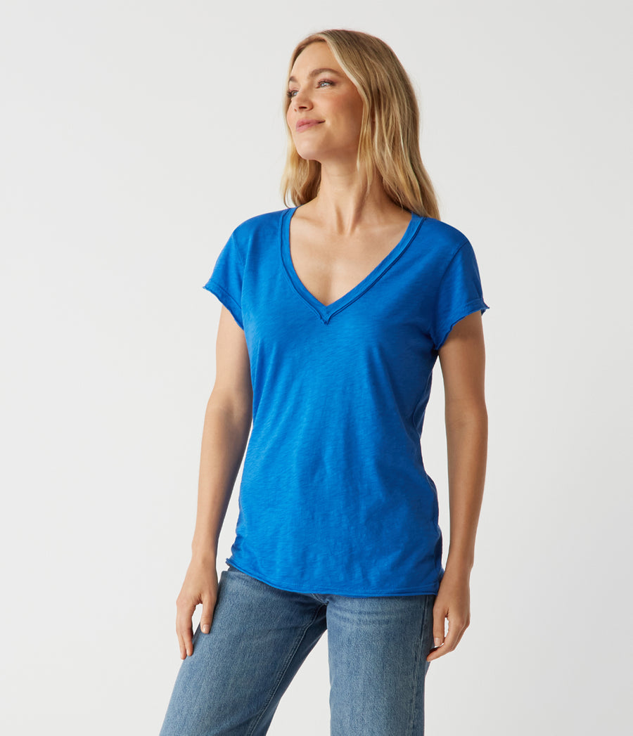 Baxter V-Neck Tee in Bahama Blue Side View #BAHAMA