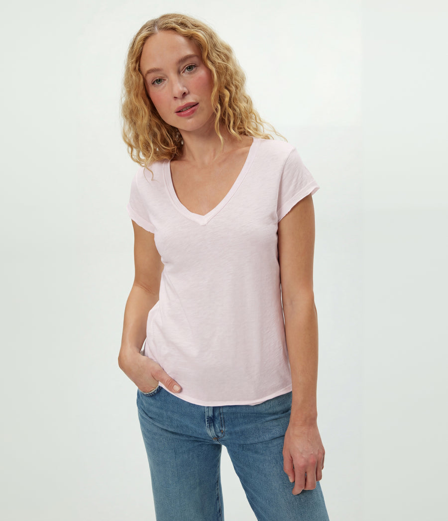 Baxter V-Neck Tee in BLUSH Pink Close up View #BLUSH