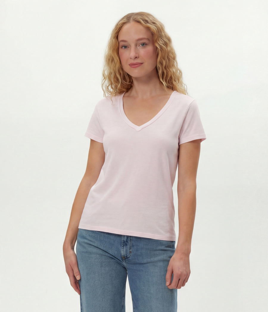 Baxter V-Neck Tee in BLUSH Pink Full Body View #BLUSH