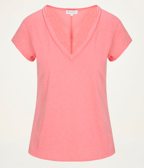 Baxter V-Neck Tee in CORAL SHERBET PINK Close up View #CORAL SHERBET