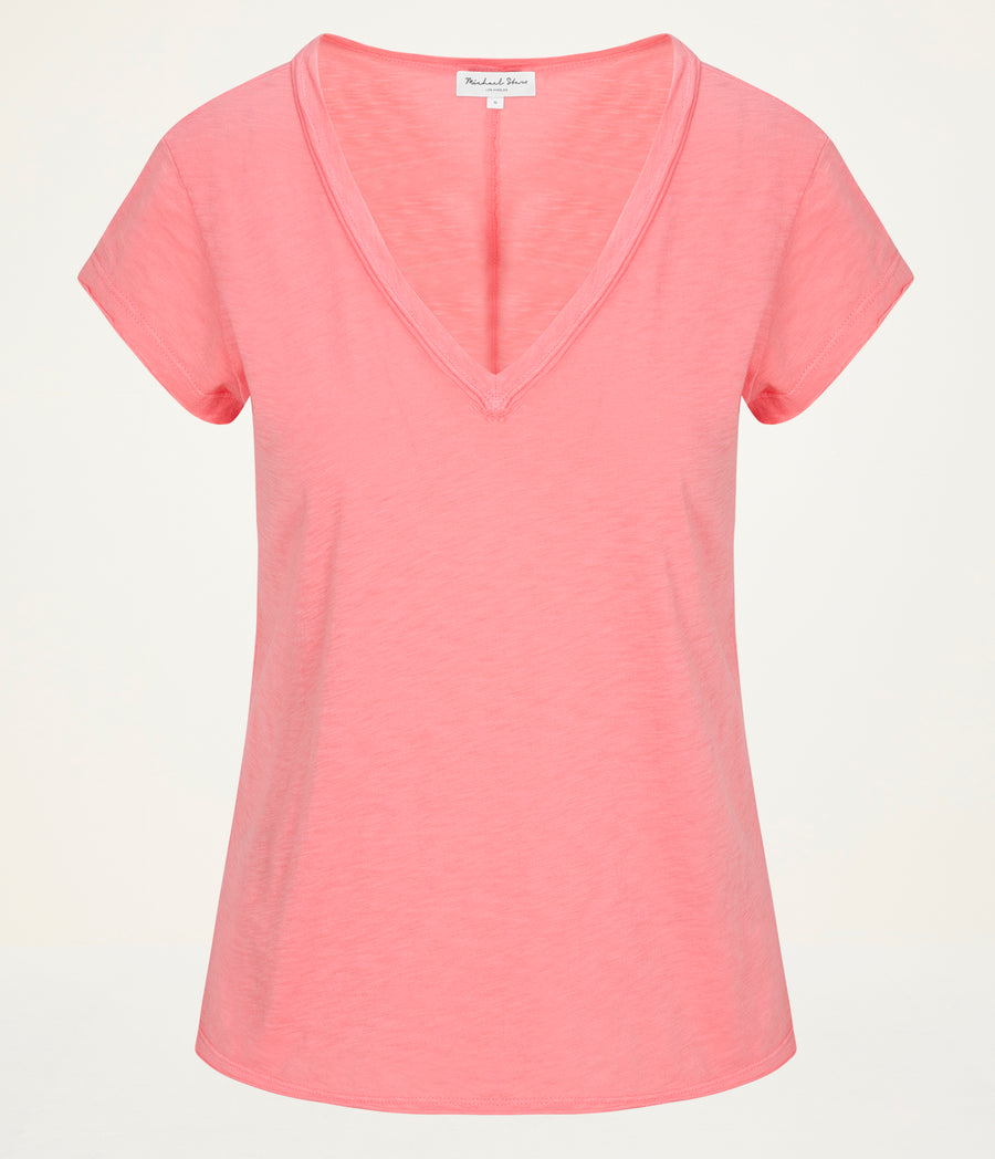 Baxter V-Neck Tee in CORAL SHERBET PINK Close up View #CORAL SHERBET
