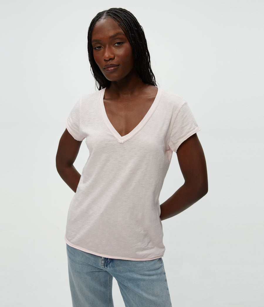 Baxter V-Neck Tee in Lychee Pink Close Up View #LYCHEE