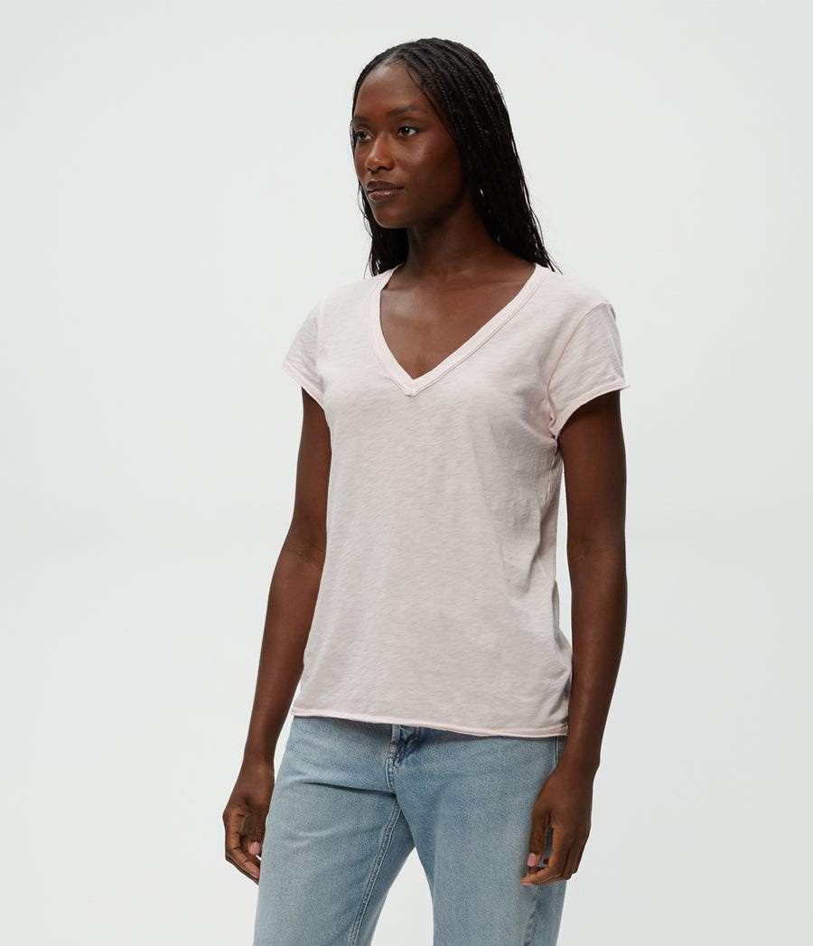Baxter V-Neck Tee in Lychee Pink Side View #LYCHEE