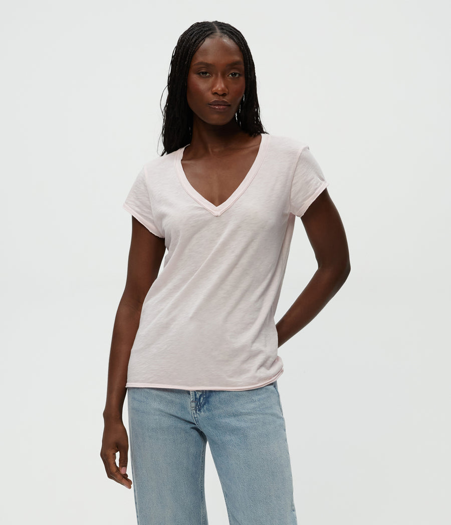 Baxter V-Neck Tee in Lychee Pink Side View #LYCHEE