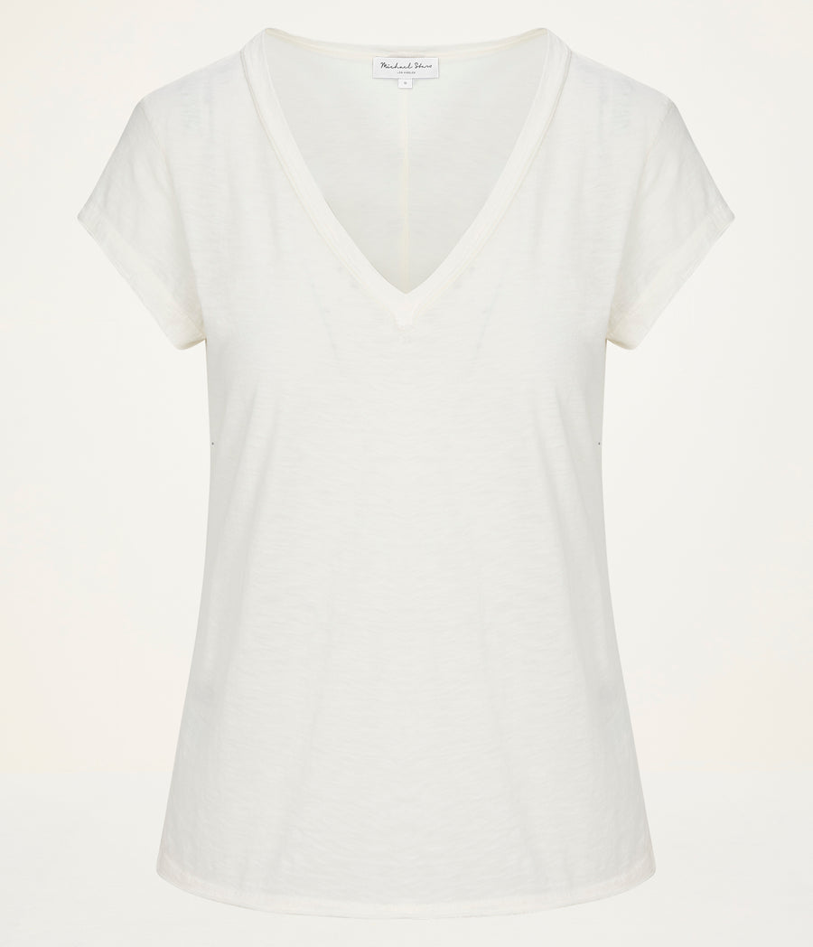 Baxter V-Neck Tee in Chalk White Close Up View #CHALK