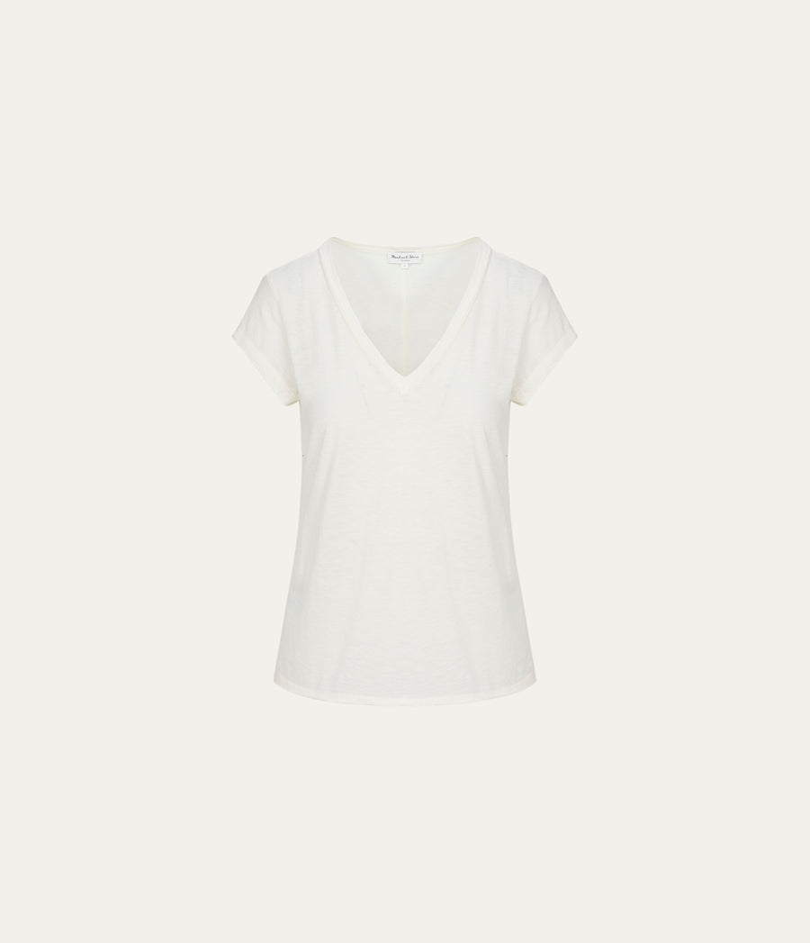 Baxter V-Neck Tee in Chalk White Close Up View #CHALK
