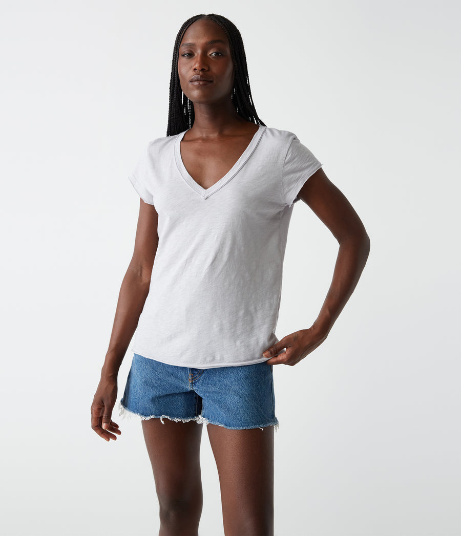 Baxter V-Neck Tee in Crescent Grey Close Up View #CRESCENT