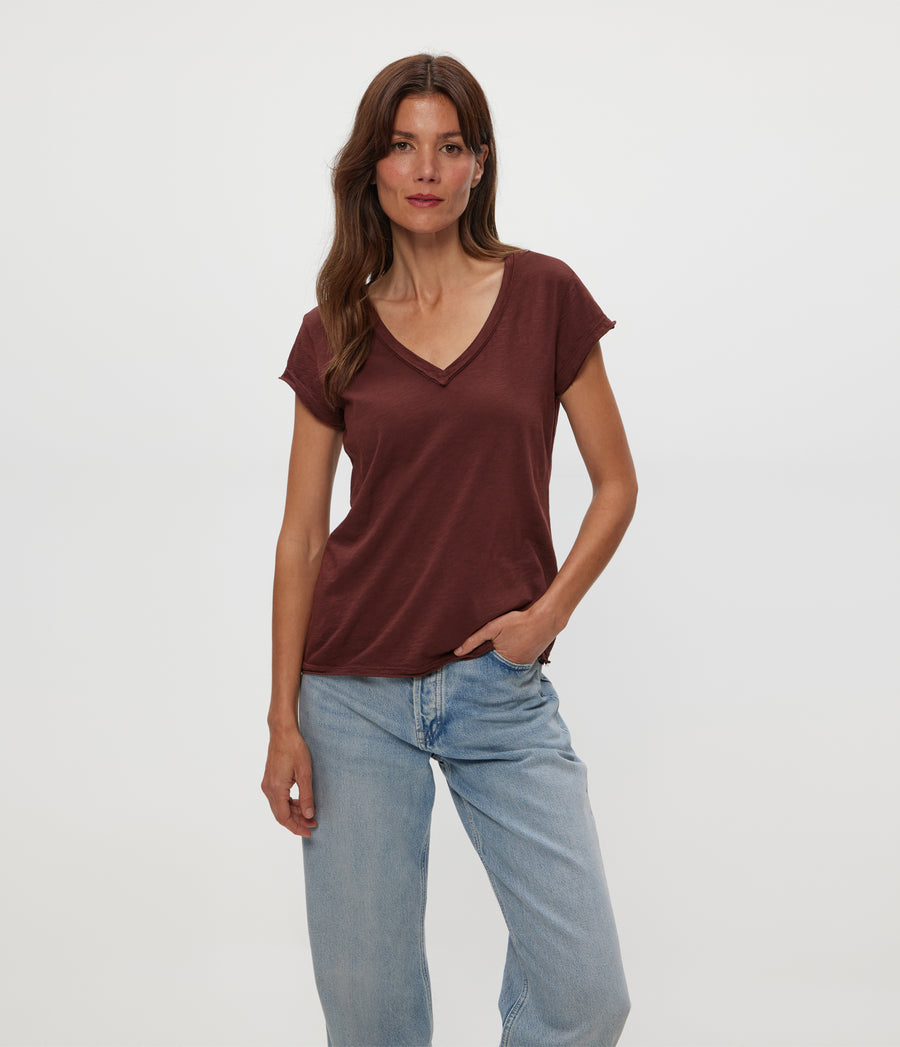 Baxter V-Neck Tee in ESPRESSO Brown Close Up View #ESPRESSO