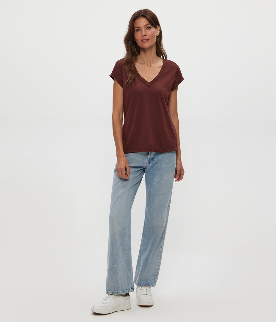 Baxter V-Neck Tee in ESPRESSO Brown Full Body View #ESPRESSO