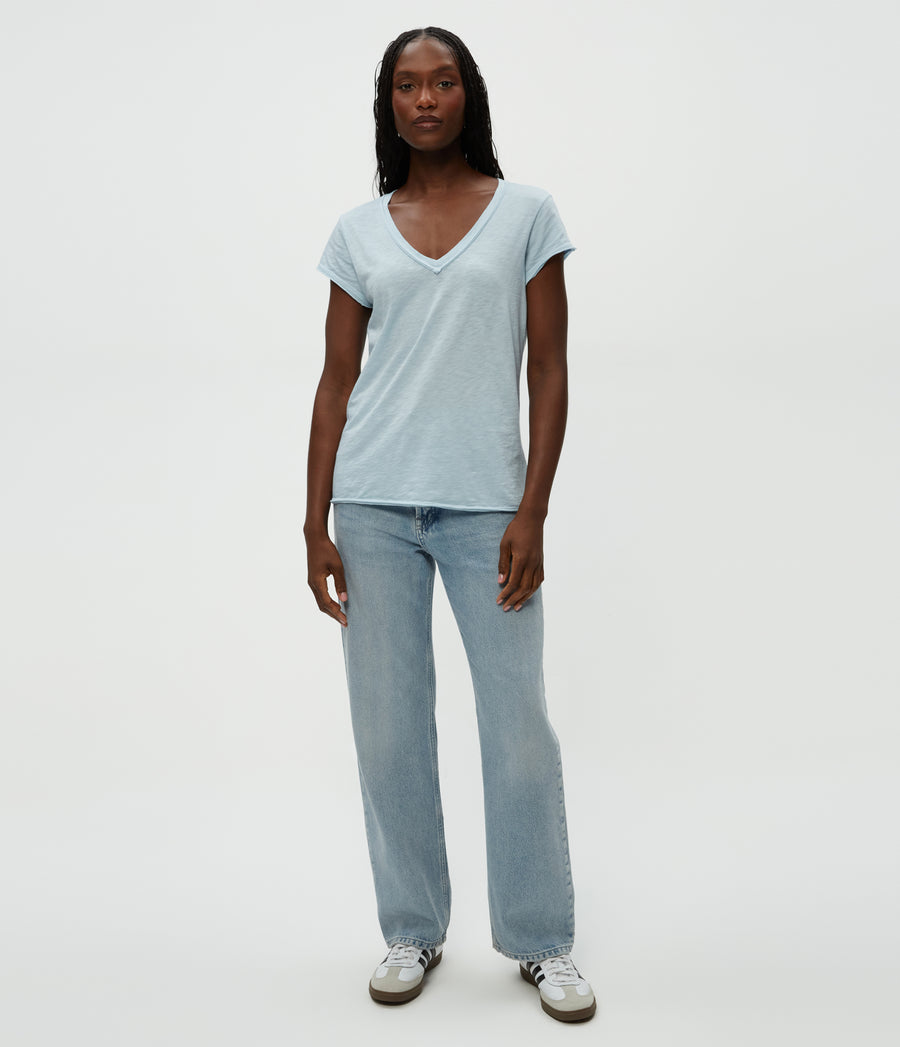 Baxter V-Neck Tee in Fountain Blue Full Body View #FOUNTAIN