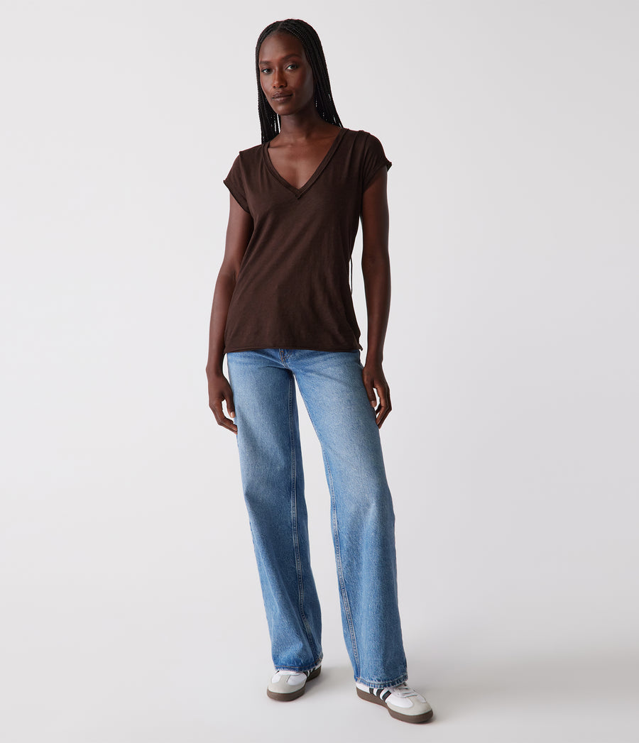 Baxter V-Neck Tee in Java Brown - Full Body View #JAVA