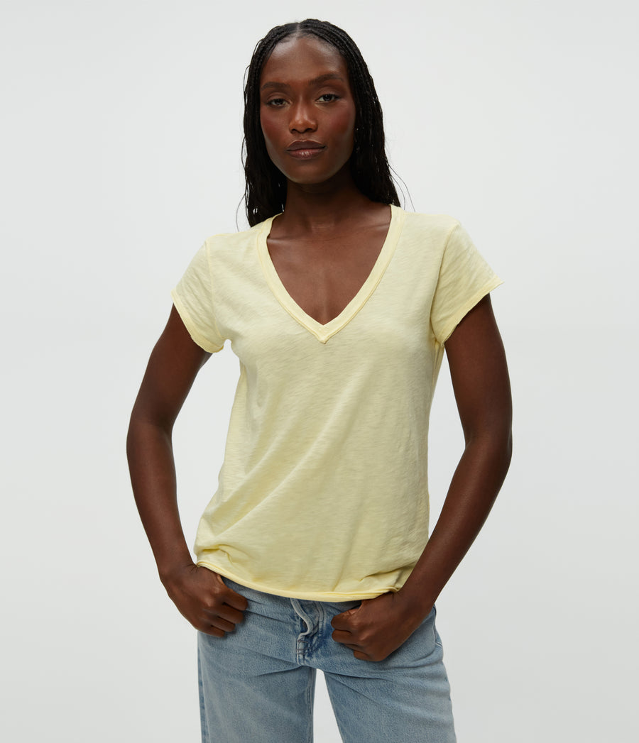 Baxter V-Neck Tee in Lemonade Yellow Close Up View #LEMONADE