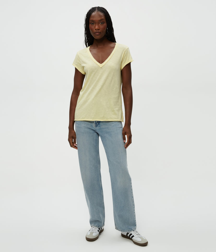 Baxter V-Neck Tee in Lemonade Yellow Full Body View #LEMONADE