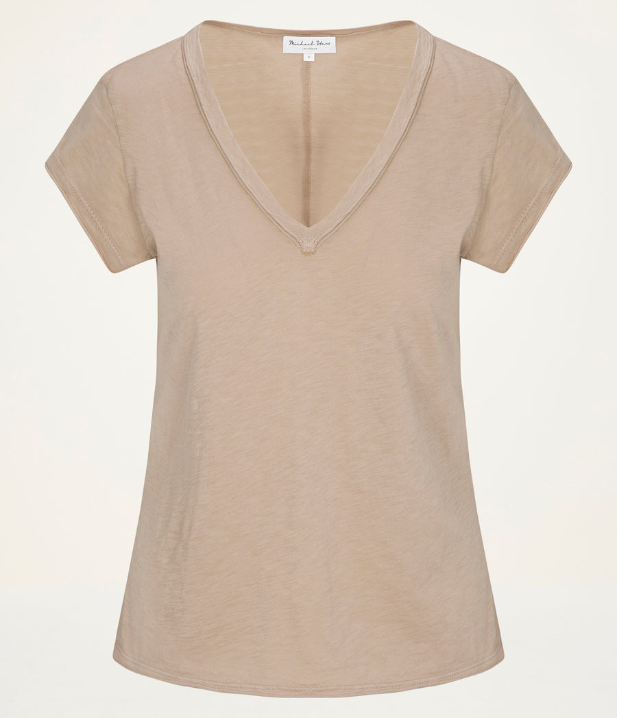 Baxter V-Neck Tee  in  MACADAMIA Beige Close up View #MACADAMIA