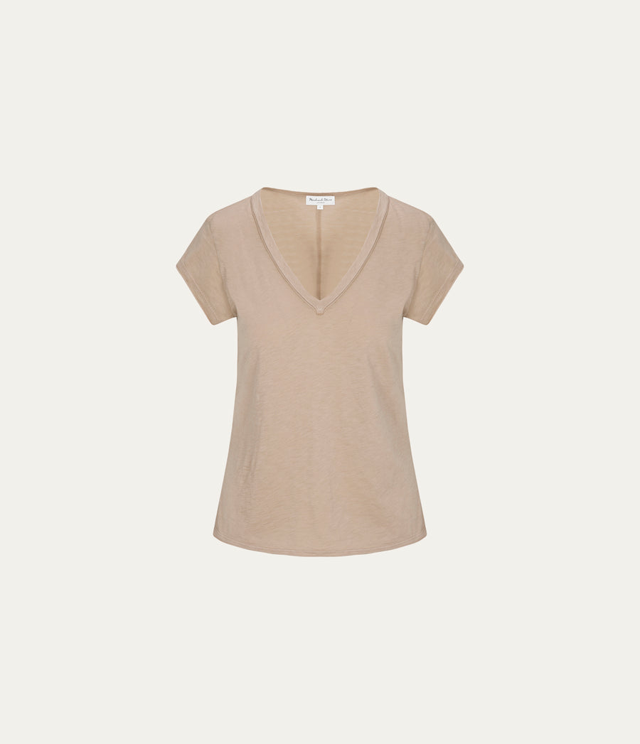 Baxter V-Neck Tee  in  MACADAMIA Beige Close up View #MACADAMIA