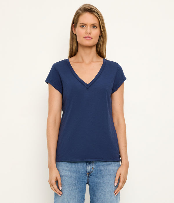 Baxter V-Neck Tee in Nocturnal Blue Close Up View #NOCTURNAL