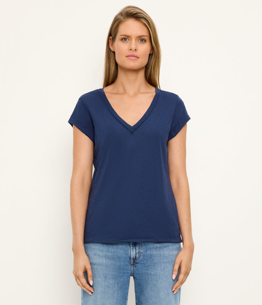 Baxter V-Neck Tee in Nocturnal Blue Close Up View #NOCTURNAL