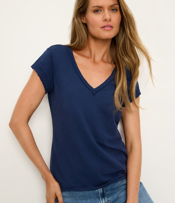 Baxter V-Neck Tee in Nocturnal Blue Full Body View #NOCTURNAL