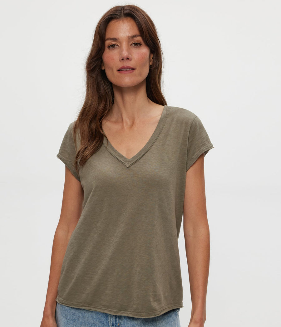 Baxter V-Neck Tee in Olive Green Close Up View #OLIVE