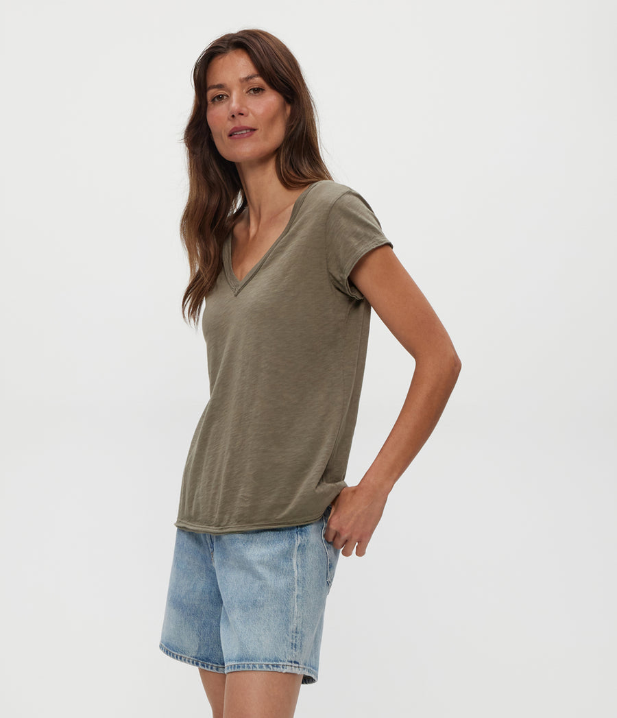 Baxter V-Neck Tee in Olive Green Side View #OLIVE