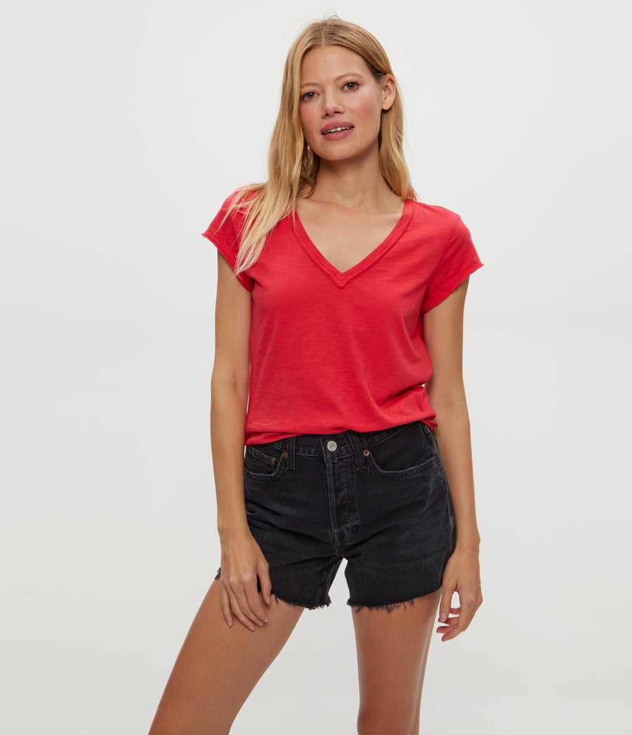 Baxter V-Neck Tee in Rumba Red Close Up View #RUMBA