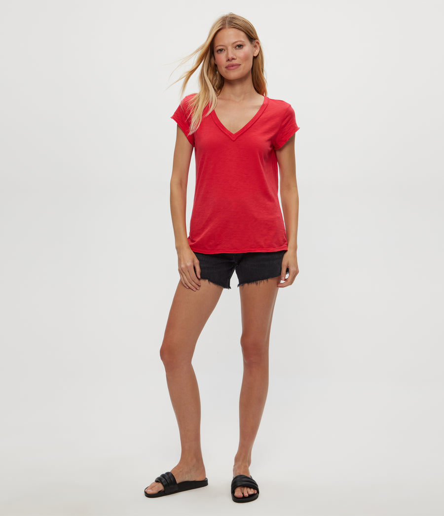 Baxter V-Neck Tee in Rumba Red Full Body View #RUMBA