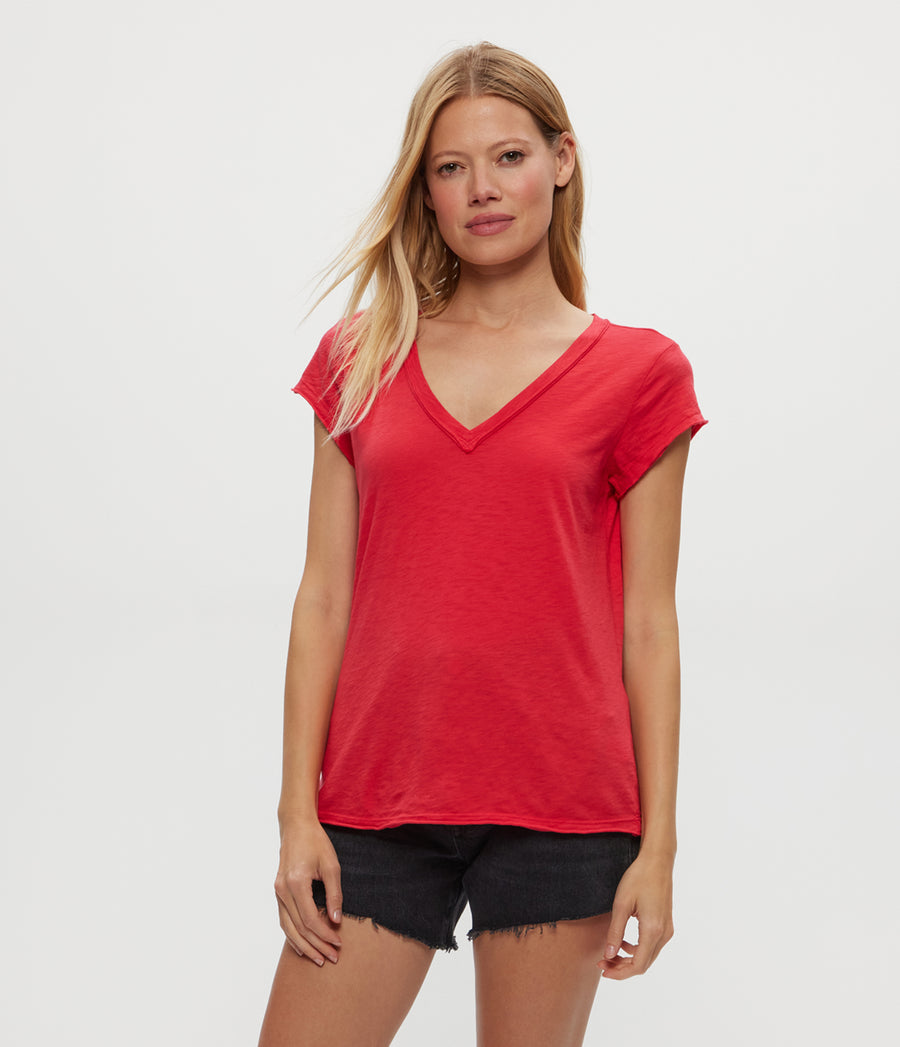 Baxter V-Neck Tee in Rumba Red Side View #RUMBA