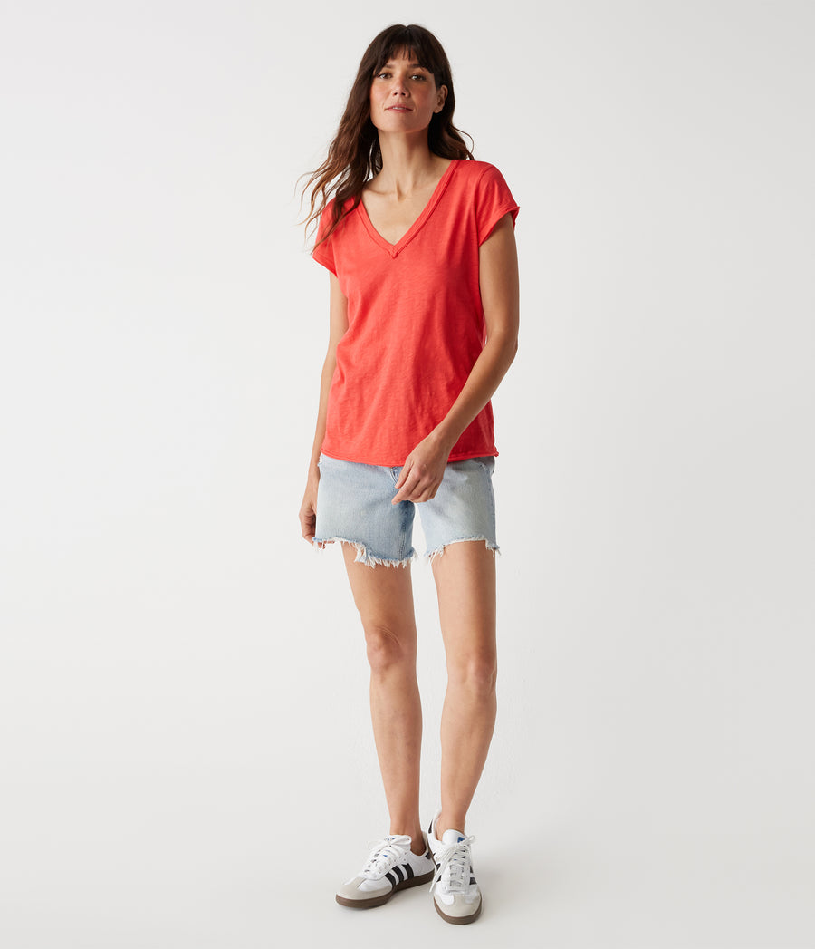 Baxter V-Neck Tee in Spritz Red Full Body View #SPRITZ