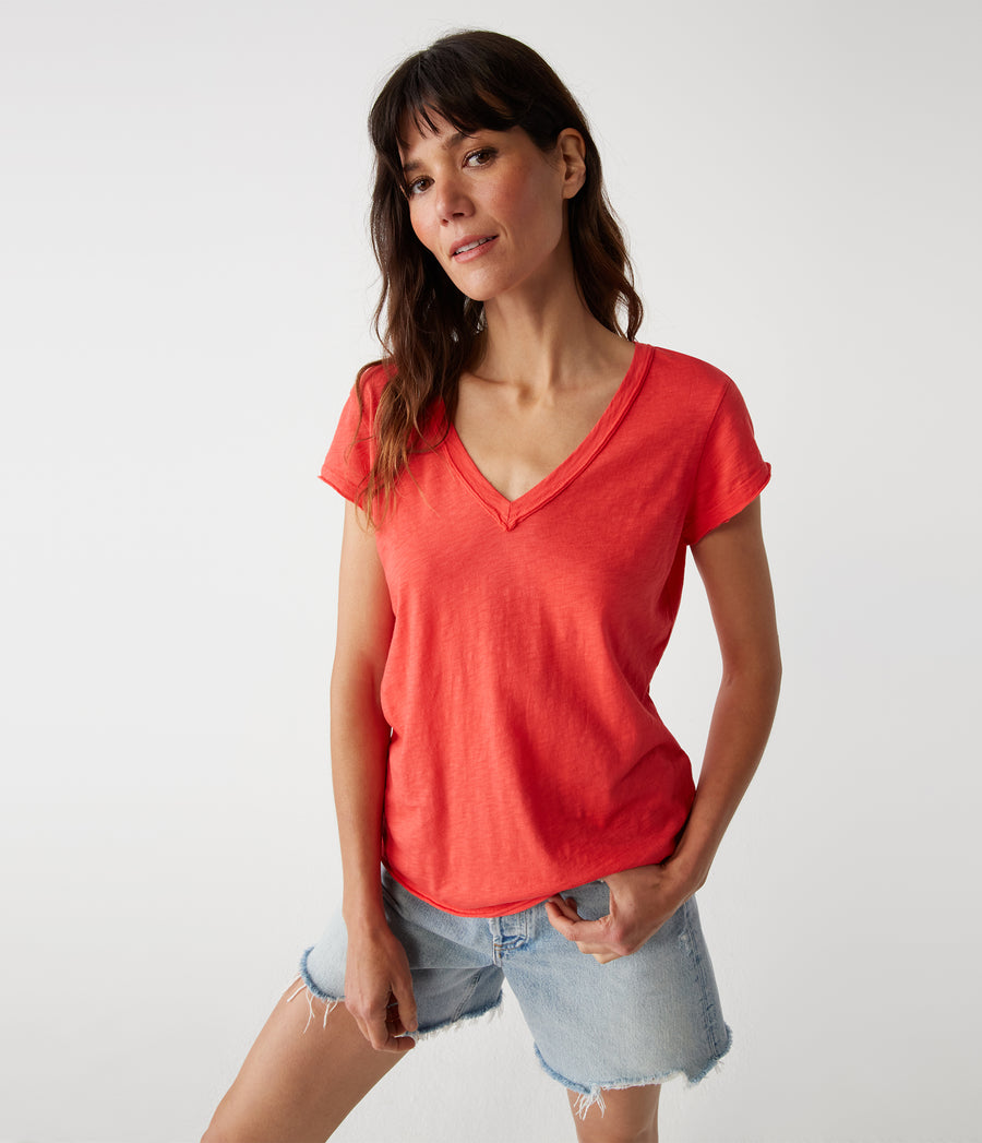 Baxter V-Neck Tee in Spritz Red Close Up View #SPRITZ