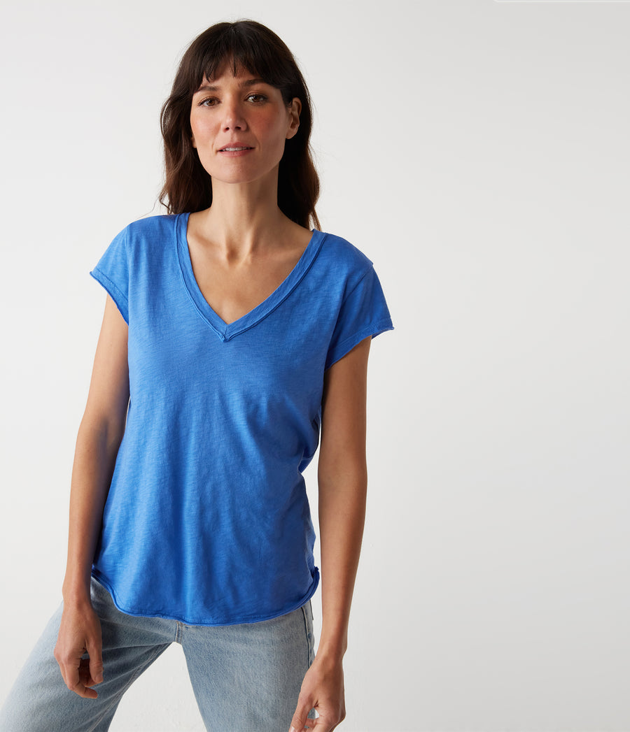 Baxter V-Neck Tee in Salt Water Blue Close Up View #SALT WATER