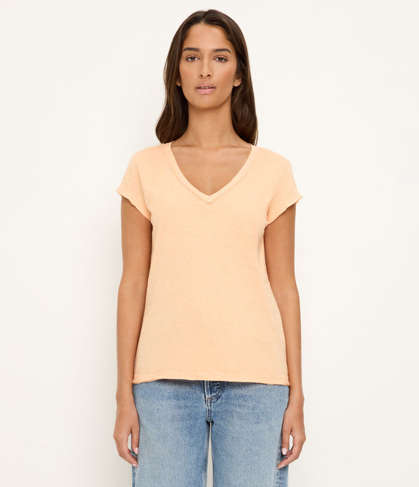 Baxter V-Neck Tee in Tangerine Orange Full Body View #TANGERINE