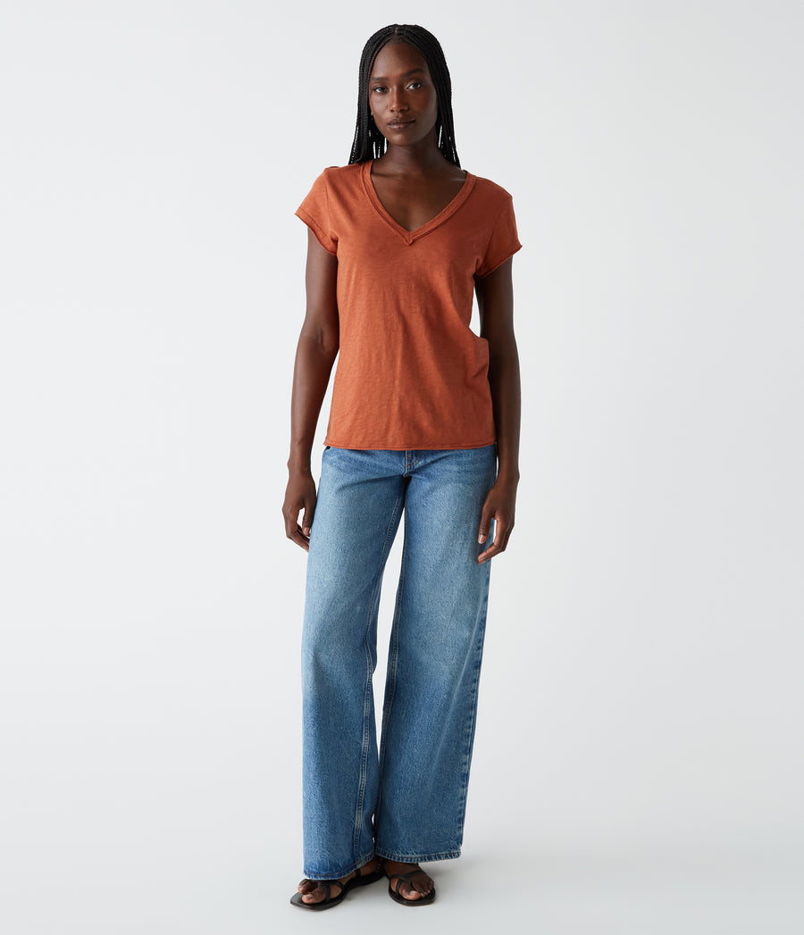 Baxter V-Neck Tee in Toffee Brown Full Body View #TOFFEE