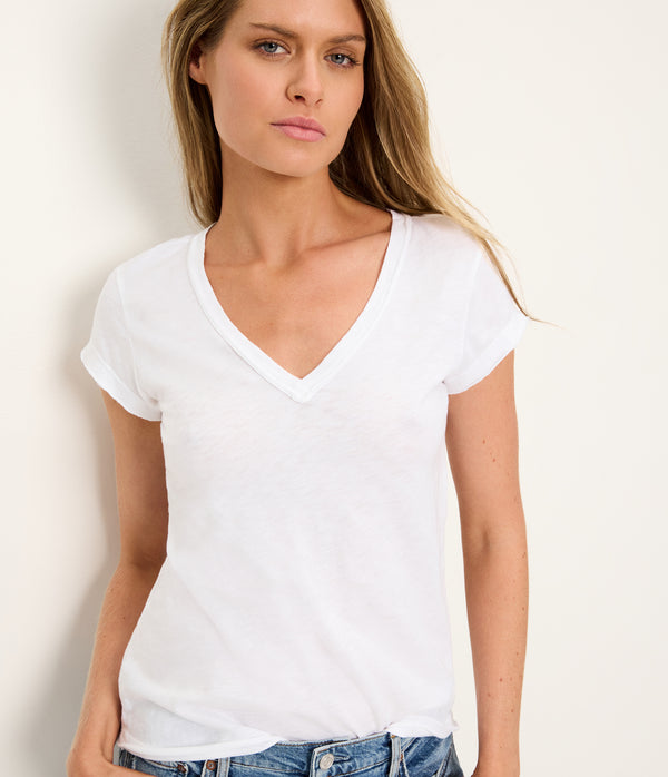 Baxter V-Neck Tee in White Close up View #WHITE