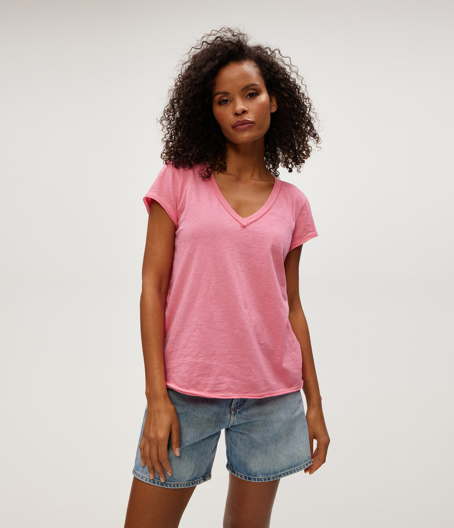 Baxter V-Neck Tee in ZINNIA PINK Close Up View #ZINNIA