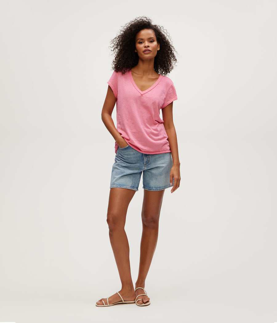 Baxter V-Neck Tee in ZINNIA PINK Full Body View #ZINNIA