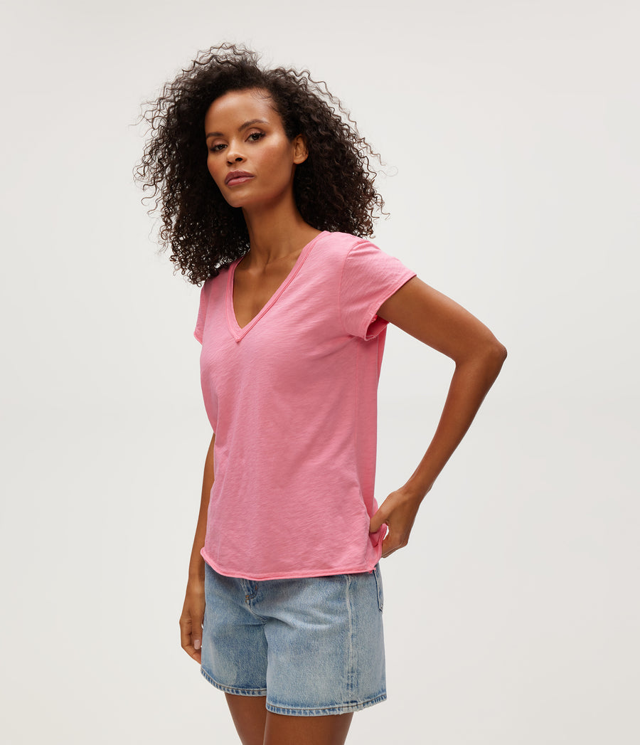 Baxter V-Neck Tee in ZINNIA PINK Side View #ZINNIA
