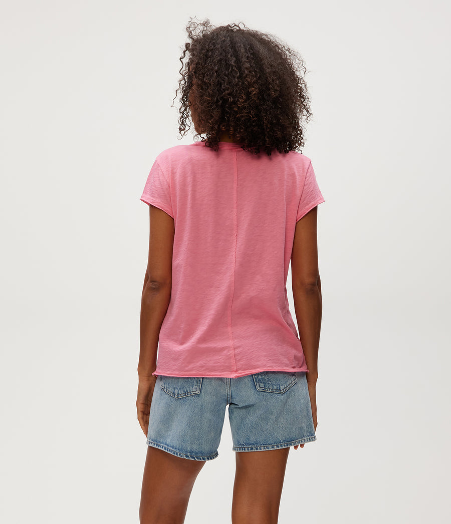Baxter V-Neck Tee in ZINNIA PINK Back View #ZINNIA