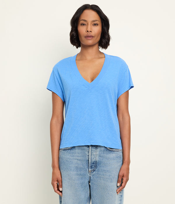 Harlan Cropped V-Neck Tee in BABY BLUE Blue Full Body View #BLUE RIBBON