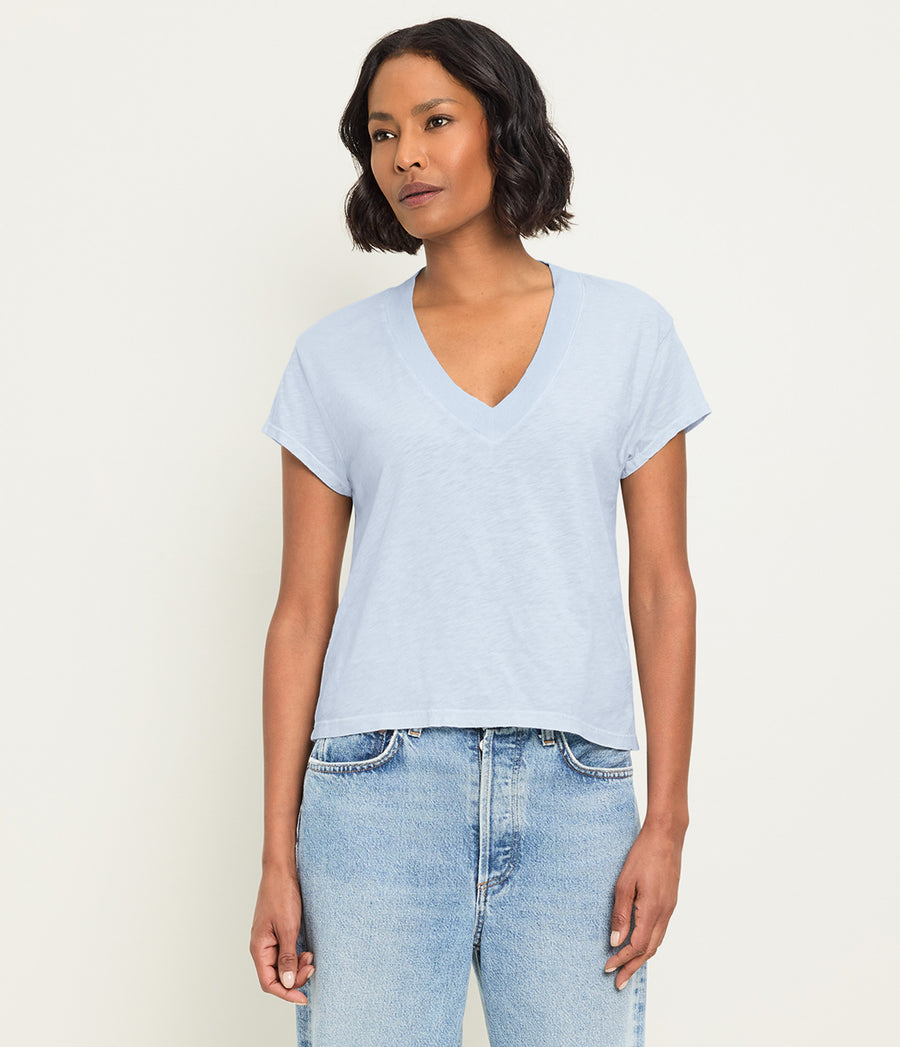 Harlan Cropped V-Neck Tee in SPLASH Blue Full Body View #SPLASH