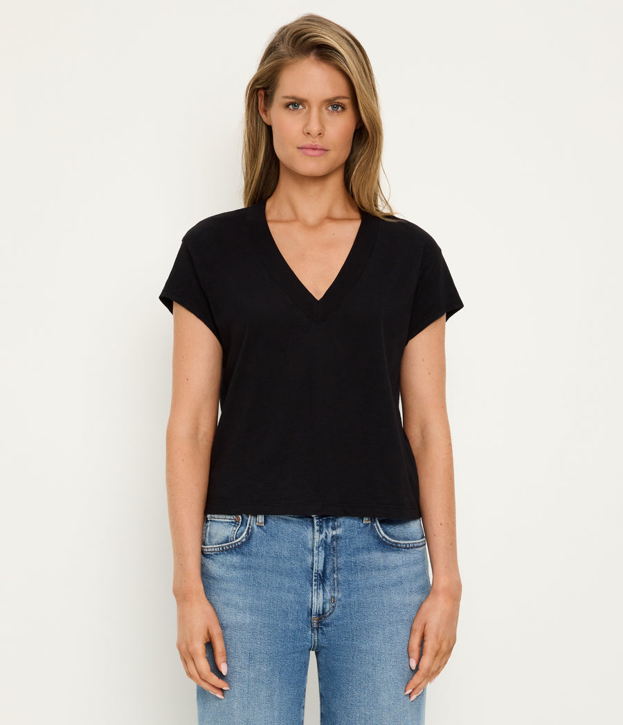 Harlan Cropped V-Neck Tee in Black Full Body View #BLACK