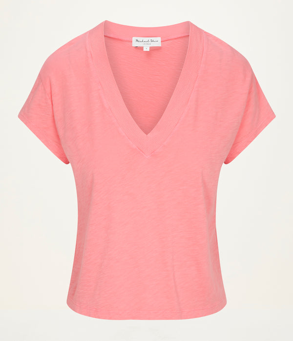 Harlan Cropped V-Neck Tee  in CORAL SHERBET PINK Close up View #CORAL SHERBET