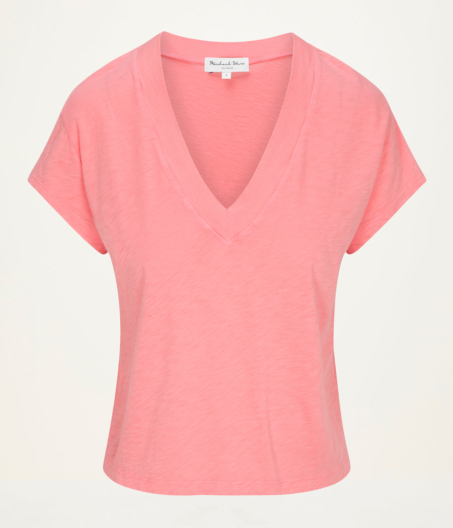 Harlan Cropped V-Neck Tee  in CORAL SHERBET PINK Close up View #CORAL SHERBET