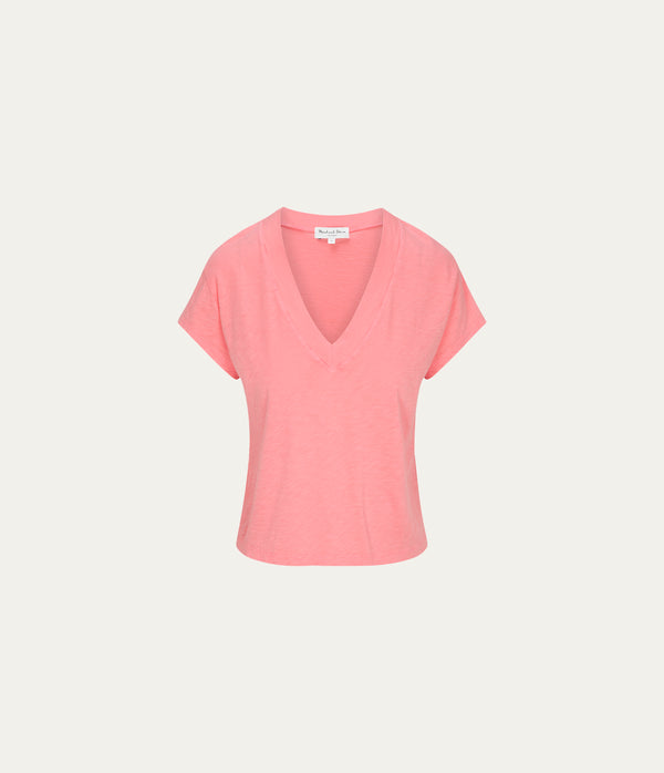 Harlan Cropped V-Neck Tee  in CORAL SHERBET PINK Close up View #CORAL SHERBET