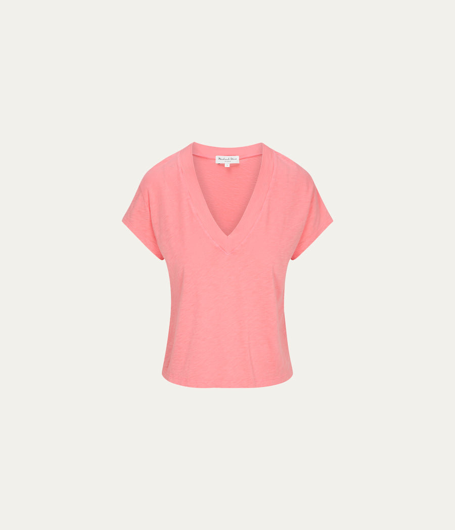 Harlan Cropped V-Neck Tee  in CORAL SHERBET PINK Close up View #CORAL SHERBET