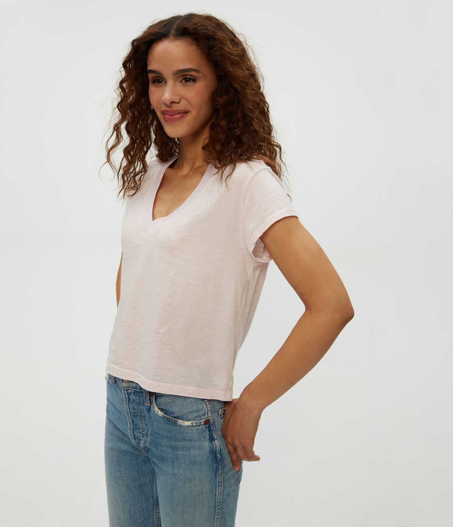 Harlan Cropped V-Neck Tee in Lychee Pink Close Up View #LYCHEE