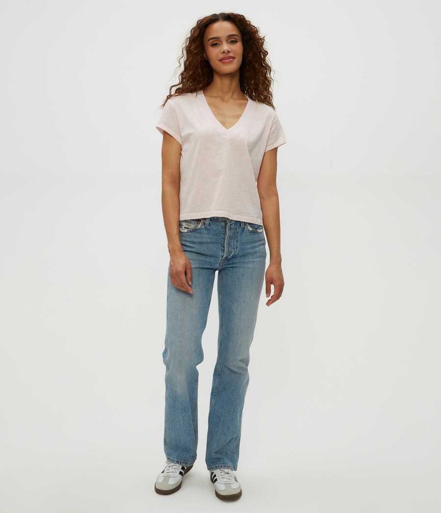 Harlan Cropped V-Neck Tee in Lychee Pink Full Body View #LYCHEE